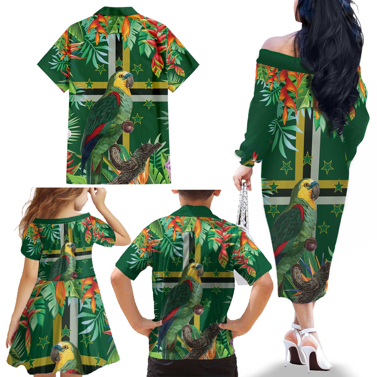 Dominica Sisserou Parrot Family Matching Off The Shoulder Long Sleeve Dress and Hawaiian Shirt Tropical Flower Flag Style - Wonder Print Shop