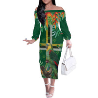 Dominica Sisserou Parrot Family Matching Off The Shoulder Long Sleeve Dress and Hawaiian Shirt Tropical Flower Flag Style - Wonder Print Shop