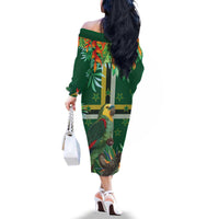 Dominica Sisserou Parrot Family Matching Off The Shoulder Long Sleeve Dress and Hawaiian Shirt Tropical Flower Flag Style - Wonder Print Shop