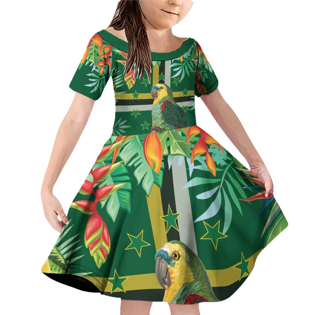 Dominica Sisserou Parrot Family Matching Off Shoulder Short Dress and Hawaiian Shirt Tropical Flower Flag Style - Wonder Print Shop