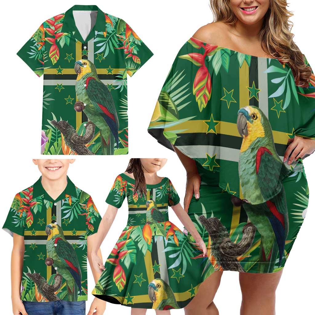 Dominica Sisserou Parrot Family Matching Off Shoulder Short Dress and Hawaiian Shirt Tropical Flower Flag Style - Wonder Print Shop