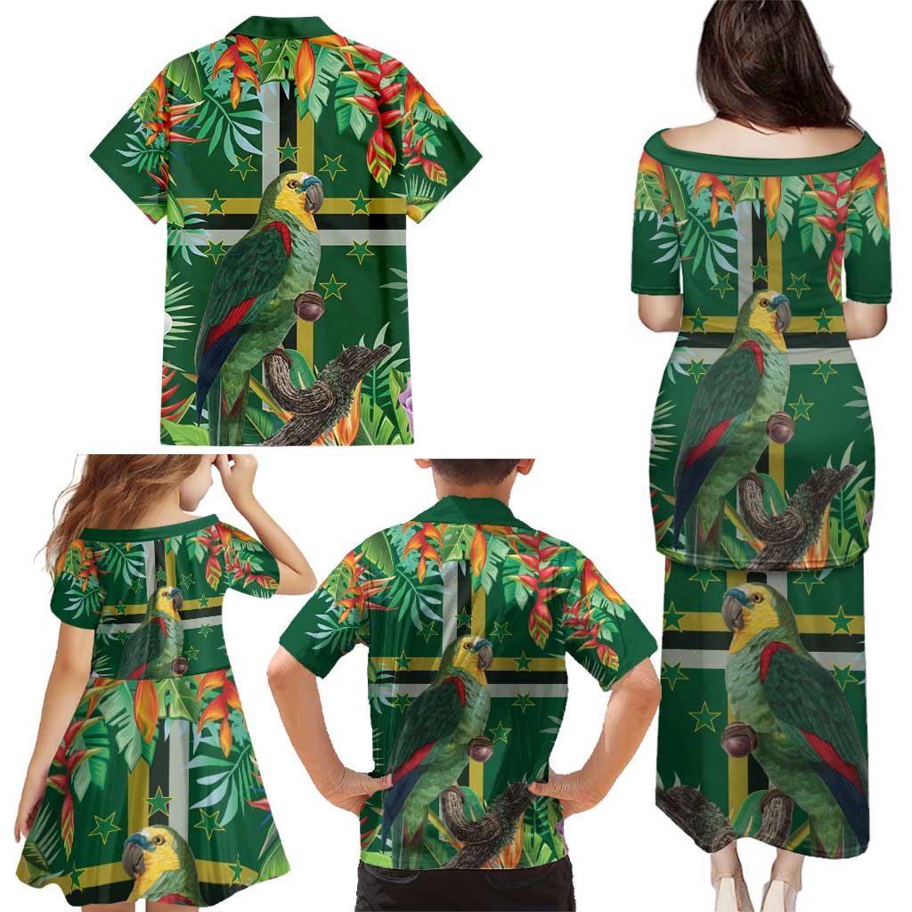 Dominica Sisserou Parrot Family Matching Puletasi and Hawaiian Shirt Tropical Flower Flag Style - Wonder Print Shop