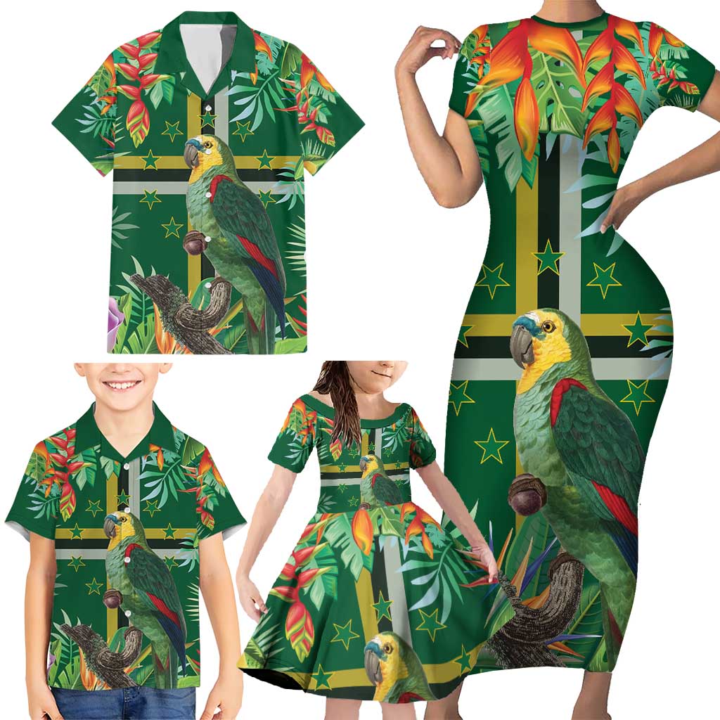 Dominica Sisserou Parrot Family Matching Short Sleeve Bodycon Dress and Hawaiian Shirt Tropical Flower Flag Style - Wonder Print Shop