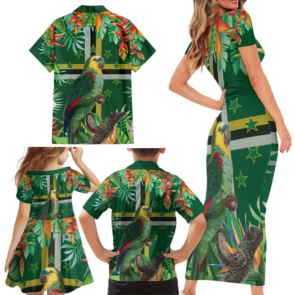 Dominica Sisserou Parrot Family Matching Short Sleeve Bodycon Dress and Hawaiian Shirt Tropical Flower Flag Style - Wonder Print Shop