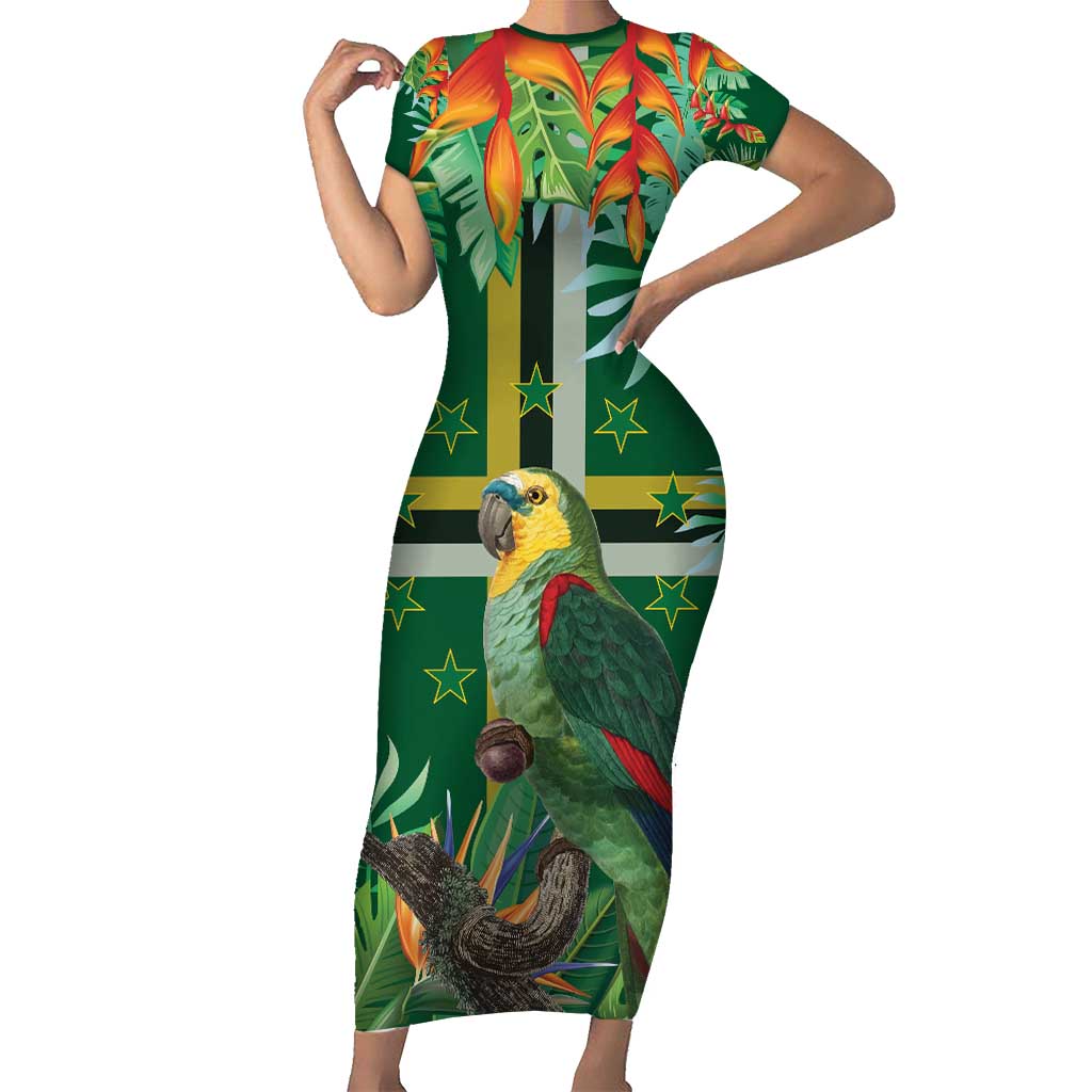 Dominica Sisserou Parrot Family Matching Short Sleeve Bodycon Dress and Hawaiian Shirt Tropical Flower Flag Style - Wonder Print Shop