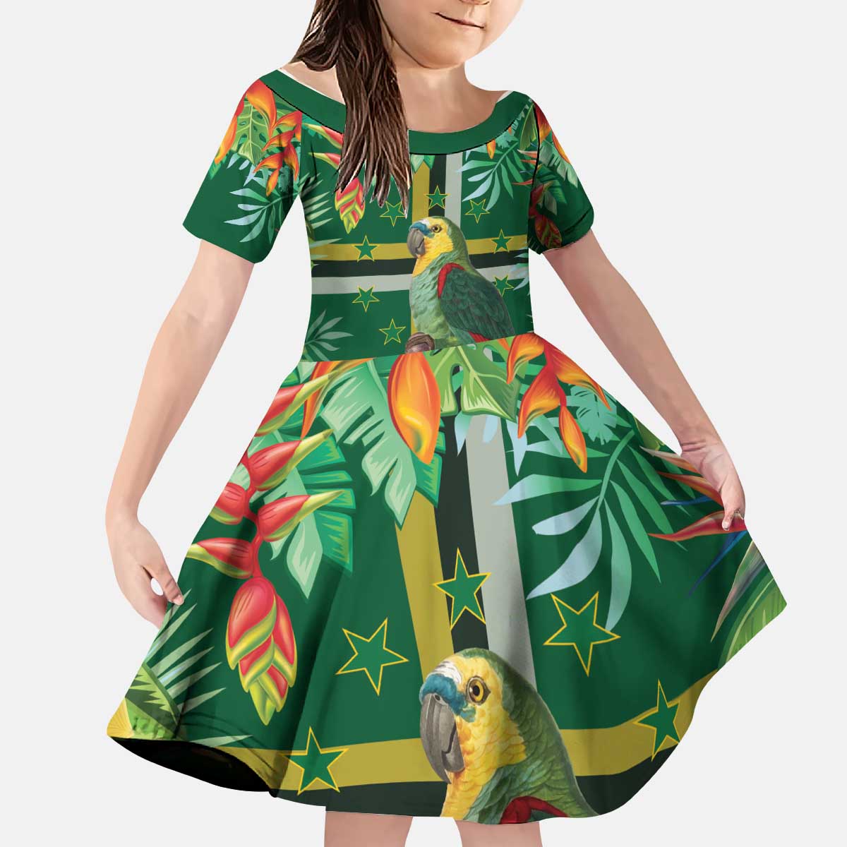 Dominica Sisserou Parrot Kid Short Sleeve Dress Tropical Flower Flag Style - Wonder Print Shop