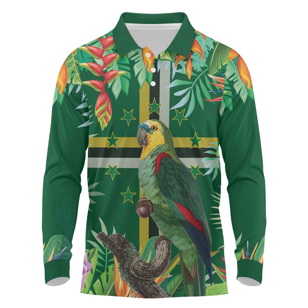 Dominica Sisserou Parrot Long Sleeve Polo Shirt Tropical Flower Flag Style - Wonder Print Shop