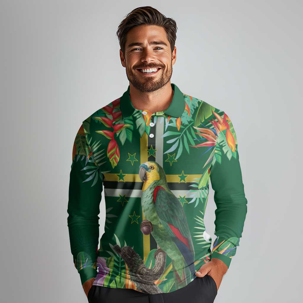 Dominica Sisserou Parrot Long Sleeve Polo Shirt Tropical Flower Flag Style - Wonder Print Shop