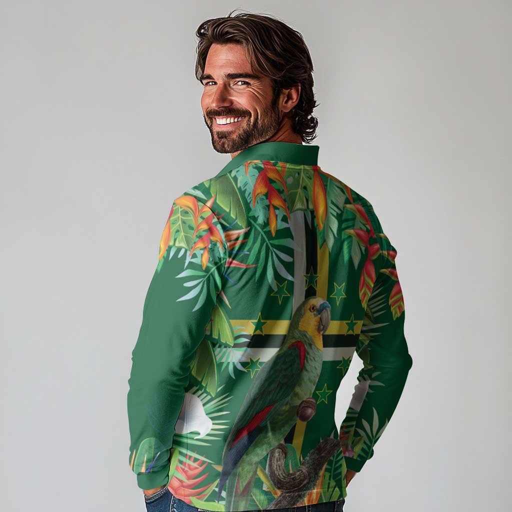 Dominica Sisserou Parrot Long Sleeve Polo Shirt Tropical Flower Flag Style - Wonder Print Shop