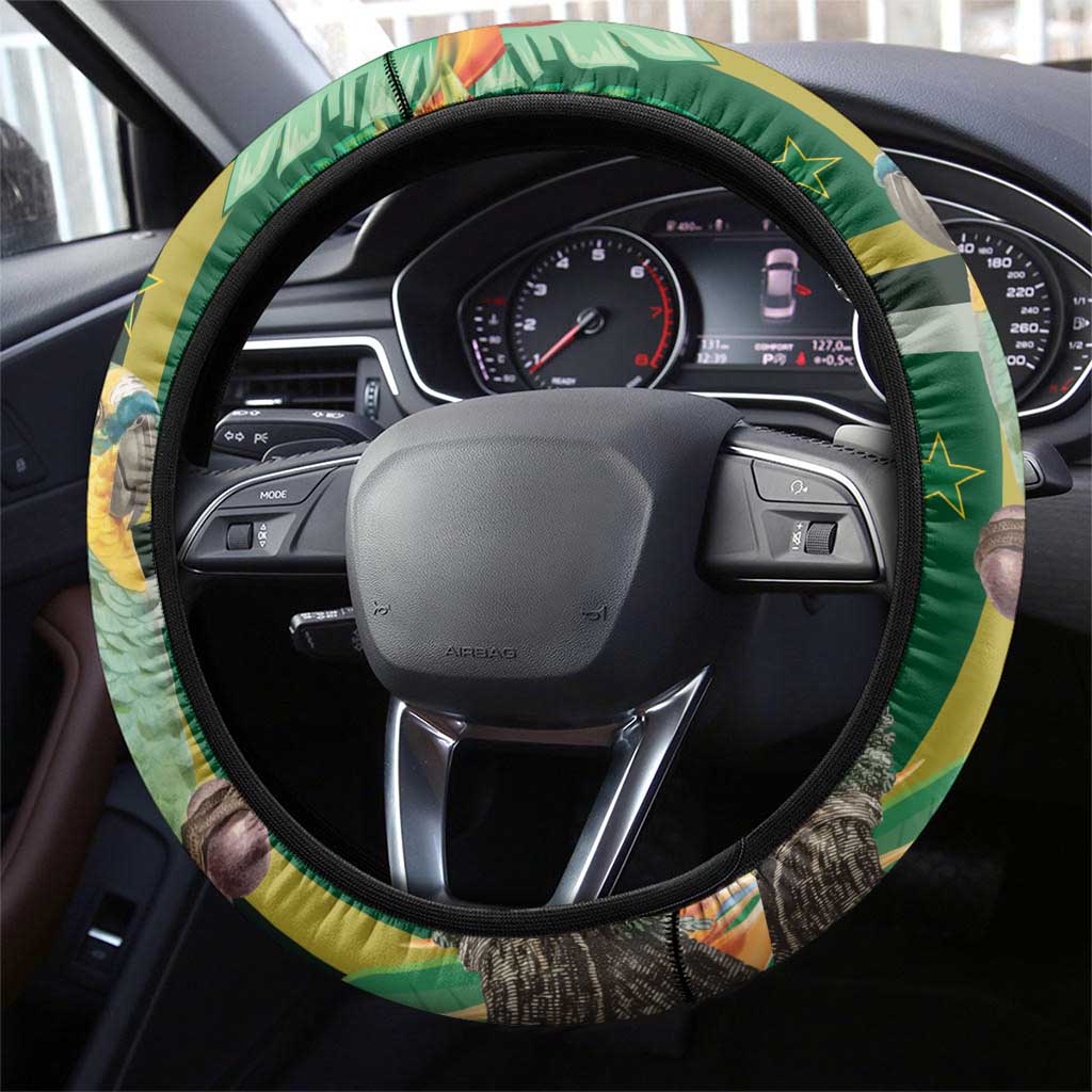 Dominica Sisserou Parrot Steering Wheel Cover Tropical Flower Flag Style - Wonder Print Shop