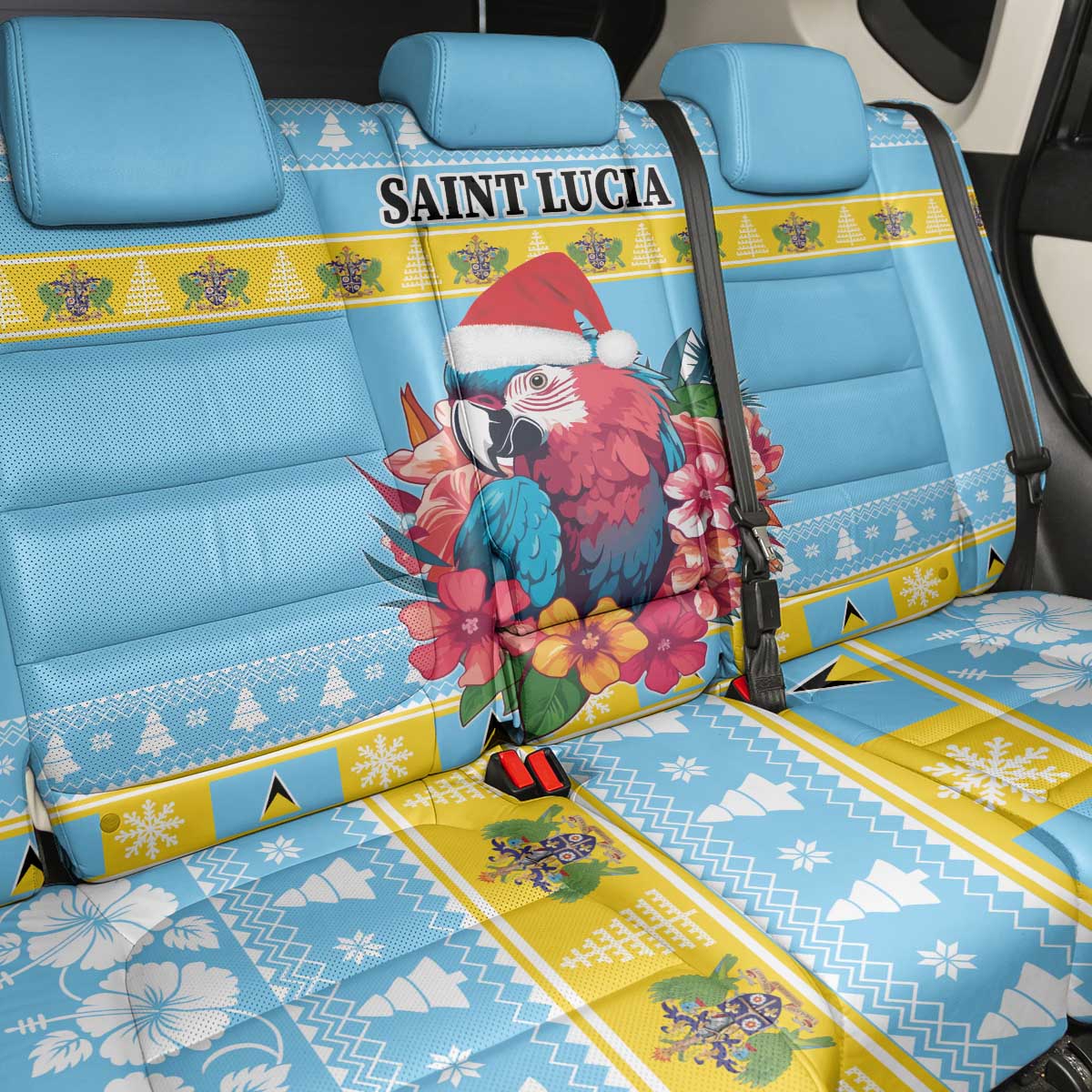 Saint Lucia Christmas Back Car Seat Cover Saint Lucian Parrot With Hibiscus Flowers - Wonder Print Shop