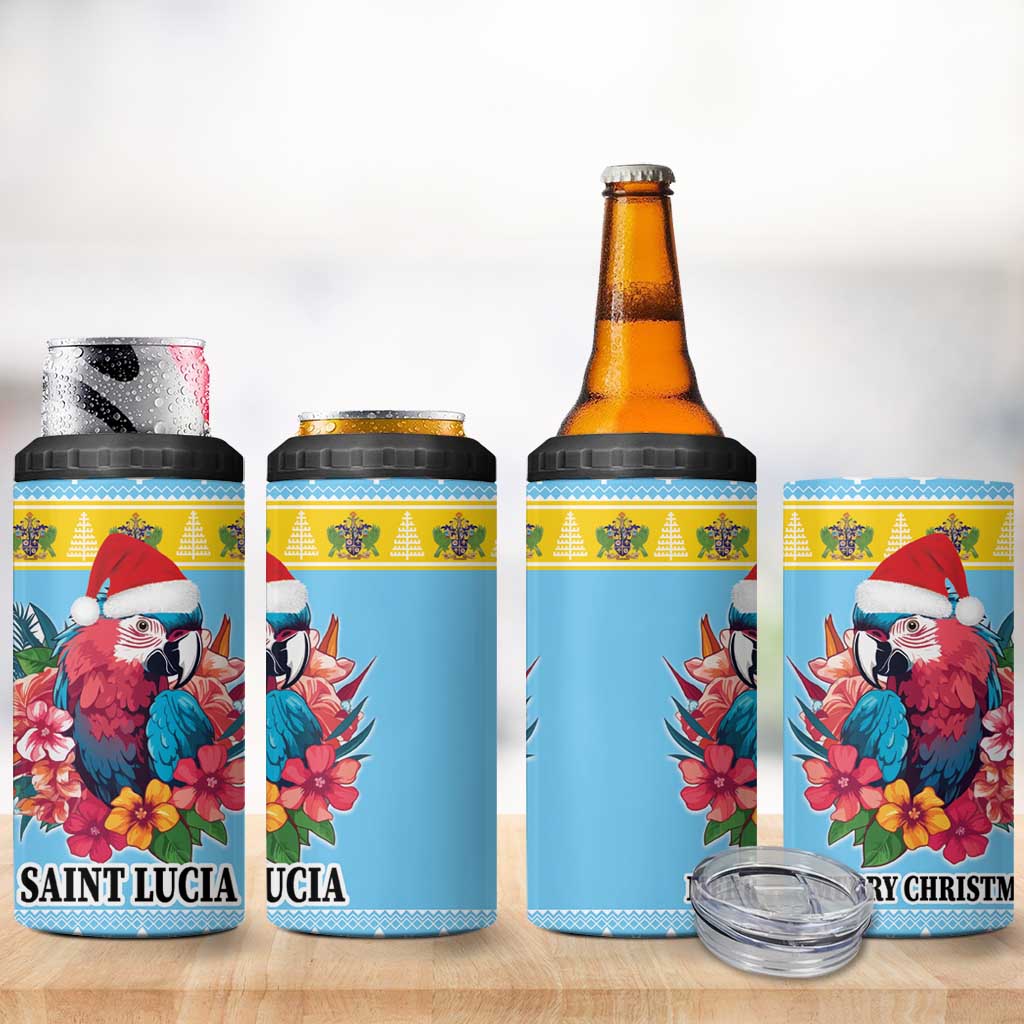 Saint Lucia Christmas 4 in 1 Can Cooler Tumbler Saint Lucian Parrot With Hibiscus Flowers - Wonder Print Shop