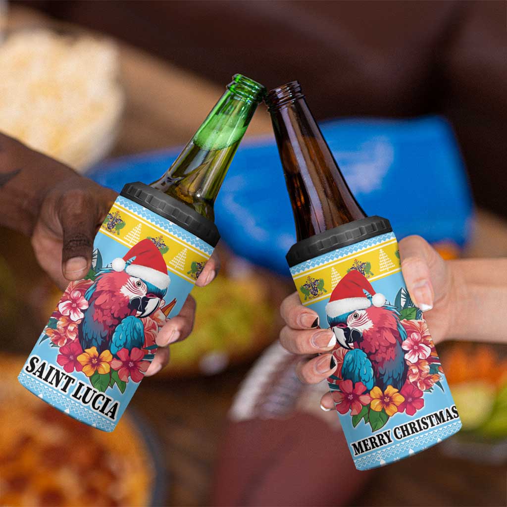 Saint Lucia Christmas 4 in 1 Can Cooler Tumbler Saint Lucian Parrot With Hibiscus Flowers - Wonder Print Shop