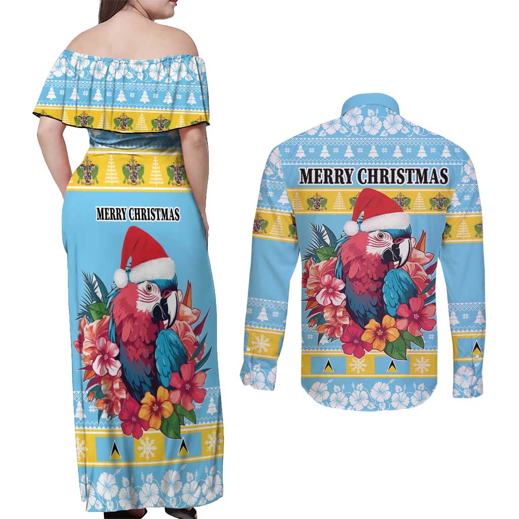 Saint Lucia Christmas Couples Matching Off Shoulder Maxi Dress and Long Sleeve Button Shirt Saint Lucian Parrot With Hibiscus Flowers - Wonder Print Shop