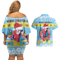 Saint Lucia Christmas Couples Matching Off Shoulder Short Dress and Hawaiian Shirt Saint Lucian Parrot With Hibiscus Flowers - Wonder Print Shop