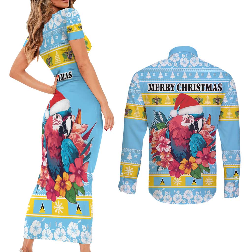 Saint Lucia Christmas Couples Matching Short Sleeve Bodycon Dress and Long Sleeve Button Shirt Saint Lucian Parrot With Hibiscus Flowers - Wonder Print Shop