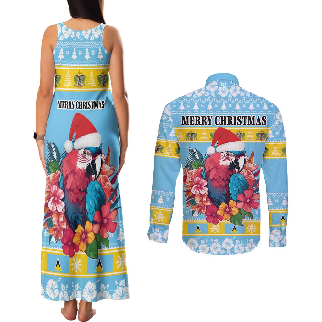 Saint Lucia Christmas Couples Matching Tank Maxi Dress and Long Sleeve Button Shirt Saint Lucian Parrot With Hibiscus Flowers - Wonder Print Shop