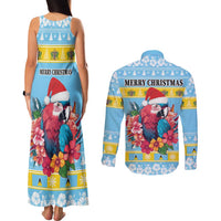 Saint Lucia Christmas Couples Matching Tank Maxi Dress and Long Sleeve Button Shirt Saint Lucian Parrot With Hibiscus Flowers - Wonder Print Shop