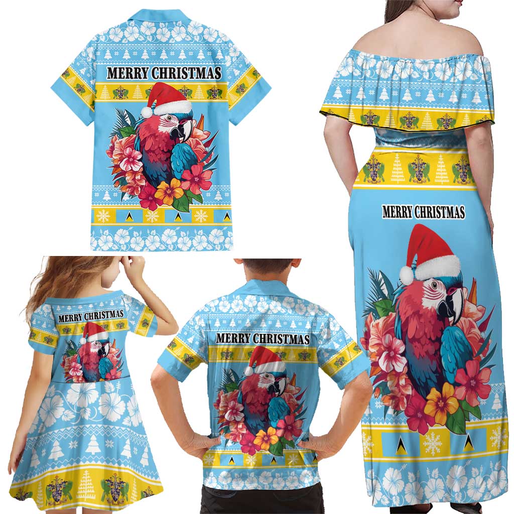 Saint Lucia Christmas Family Matching Off Shoulder Maxi Dress and Hawaiian Shirt Saint Lucian Parrot With Hibiscus Flowers - Wonder Print Shop