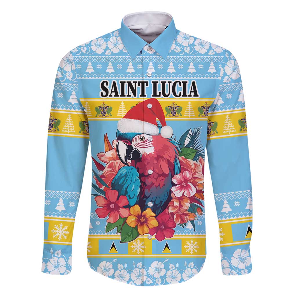 Saint Lucia Christmas Family Matching Off Shoulder Short Dress and Hawaiian Shirt Saint Lucian Parrot With Hibiscus Flowers - Wonder Print Shop