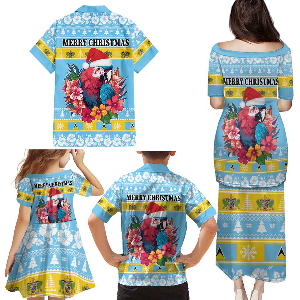 Saint Lucia Christmas Family Matching Puletasi and Hawaiian Shirt Saint Lucian Parrot With Hibiscus Flowers - Wonder Print Shop