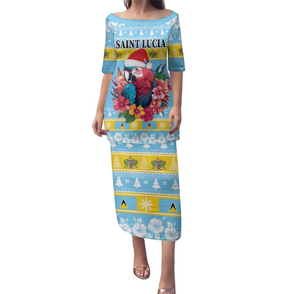 Saint Lucia Christmas Family Matching Puletasi and Hawaiian Shirt Saint Lucian Parrot With Hibiscus Flowers - Wonder Print Shop