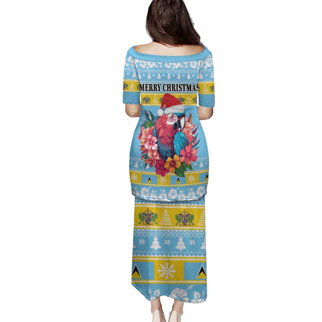 Saint Lucia Christmas Family Matching Puletasi and Hawaiian Shirt Saint Lucian Parrot With Hibiscus Flowers - Wonder Print Shop