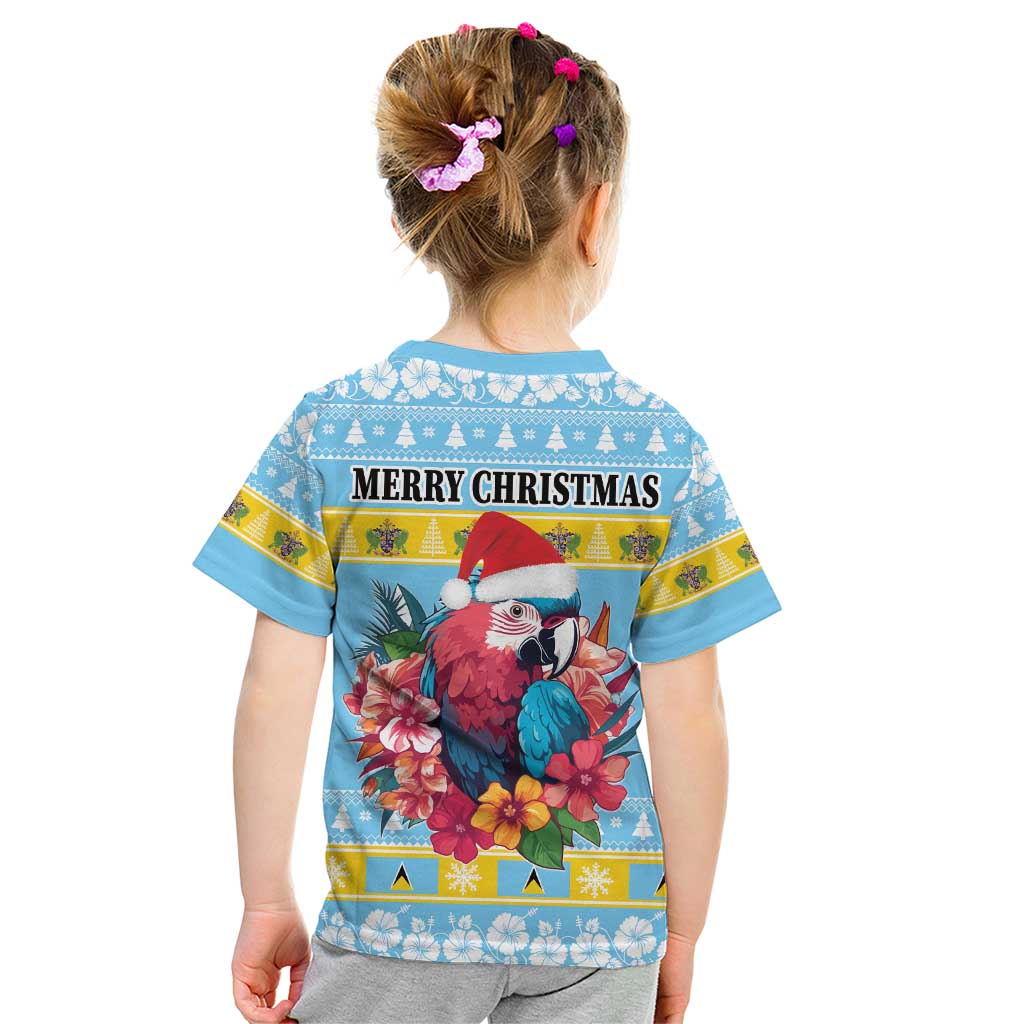 Saint Lucia Christmas Kid T Shirt Saint Lucian Parrot With Hibiscus Flowers - Wonder Print Shop