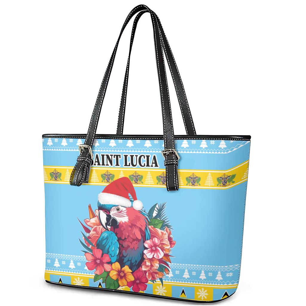 Saint Lucia Christmas Leather Tote Bag Saint Lucian Parrot With Hibiscus Flowers - Wonder Print Shop