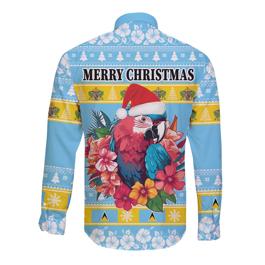 Saint Lucia Christmas Long Sleeve Button Shirt Saint Lucian Parrot With Hibiscus Flowers - Wonder Print Shop