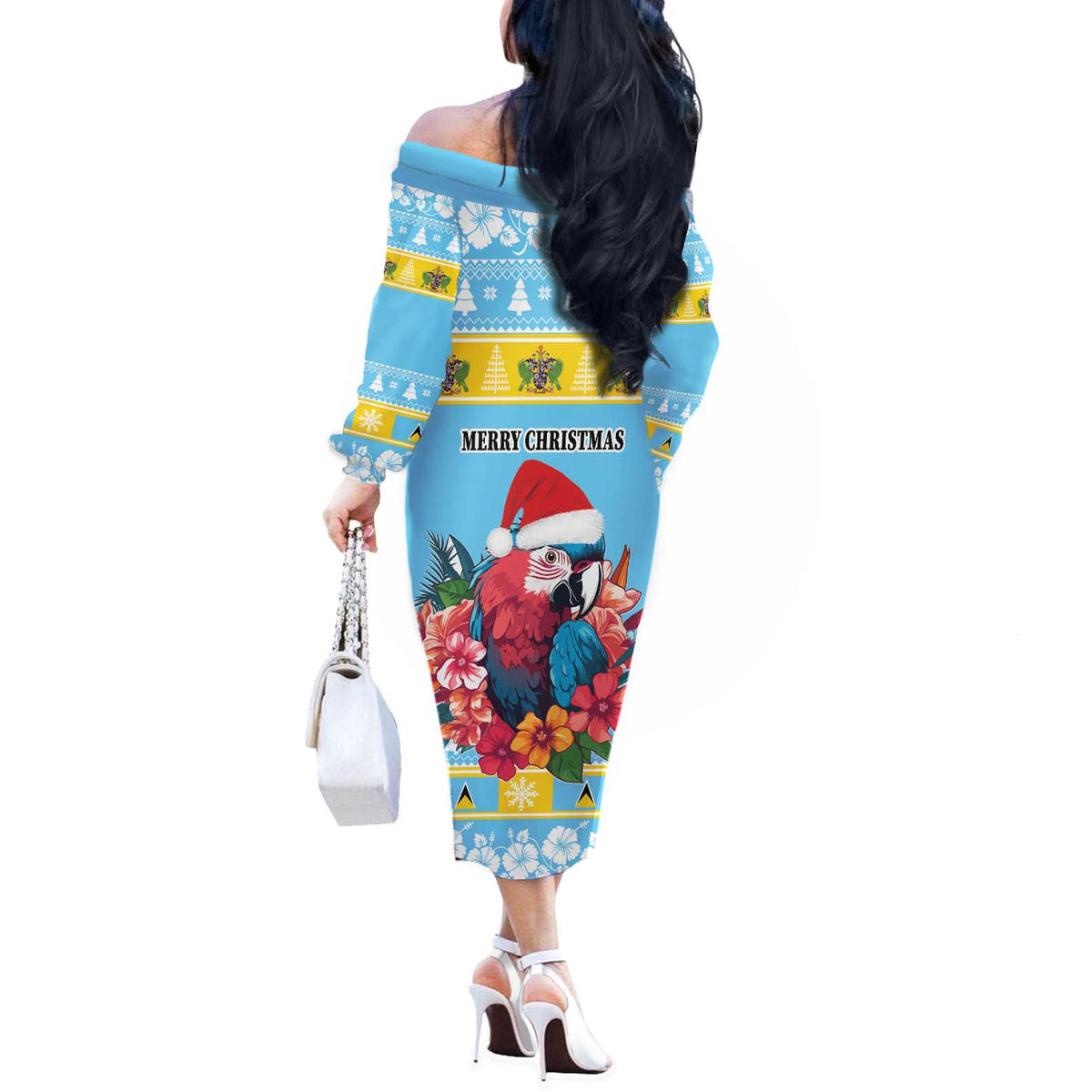 Saint Lucia Christmas Off The Shoulder Long Sleeve Dress Saint Lucian Parrot With Hibiscus Flowers - Wonder Print Shop