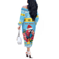 Saint Lucia Christmas Off The Shoulder Long Sleeve Dress Saint Lucian Parrot With Hibiscus Flowers - Wonder Print Shop