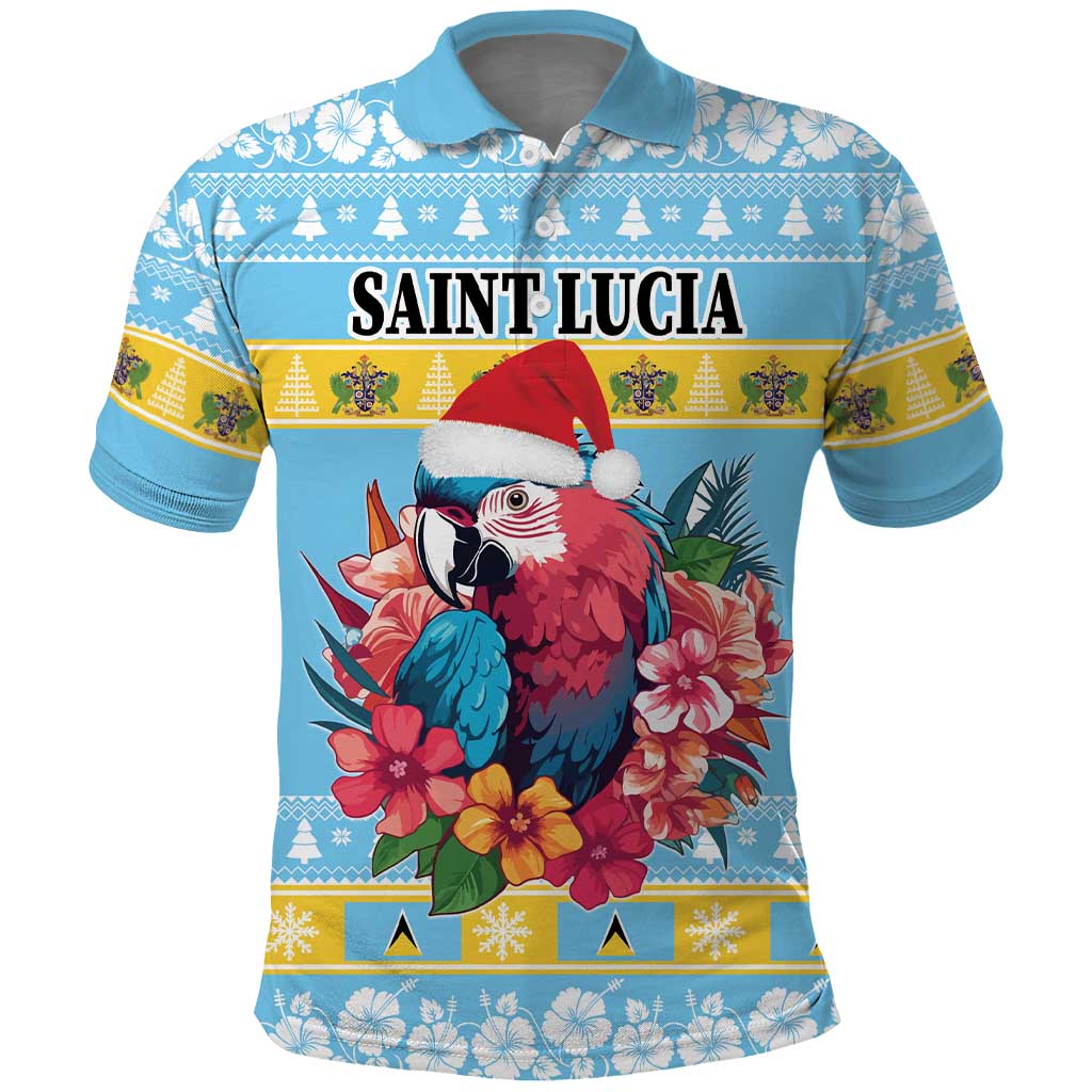 Saint Lucia Christmas Polo Shirt Saint Lucian Parrot With Hibiscus Flowers - Wonder Print Shop