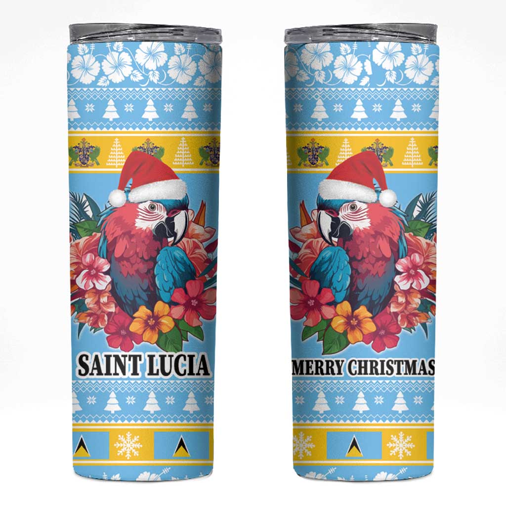 Saint Lucia Christmas Skinny Tumbler Saint Lucian Parrot With Hibiscus Flowers - Wonder Print Shop