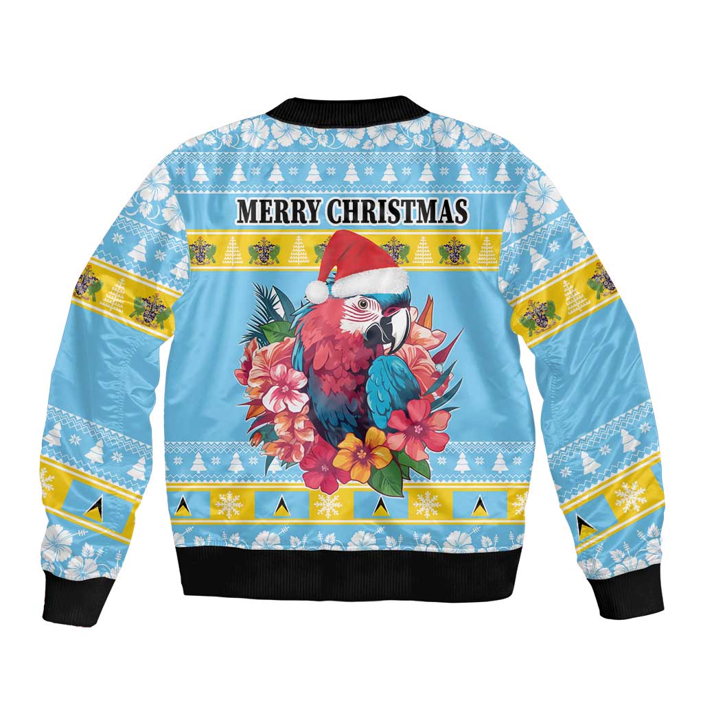 Saint Lucia Christmas Sleeve Zip Bomber Jacket Saint Lucian Parrot With Hibiscus Flowers - Wonder Print Shop