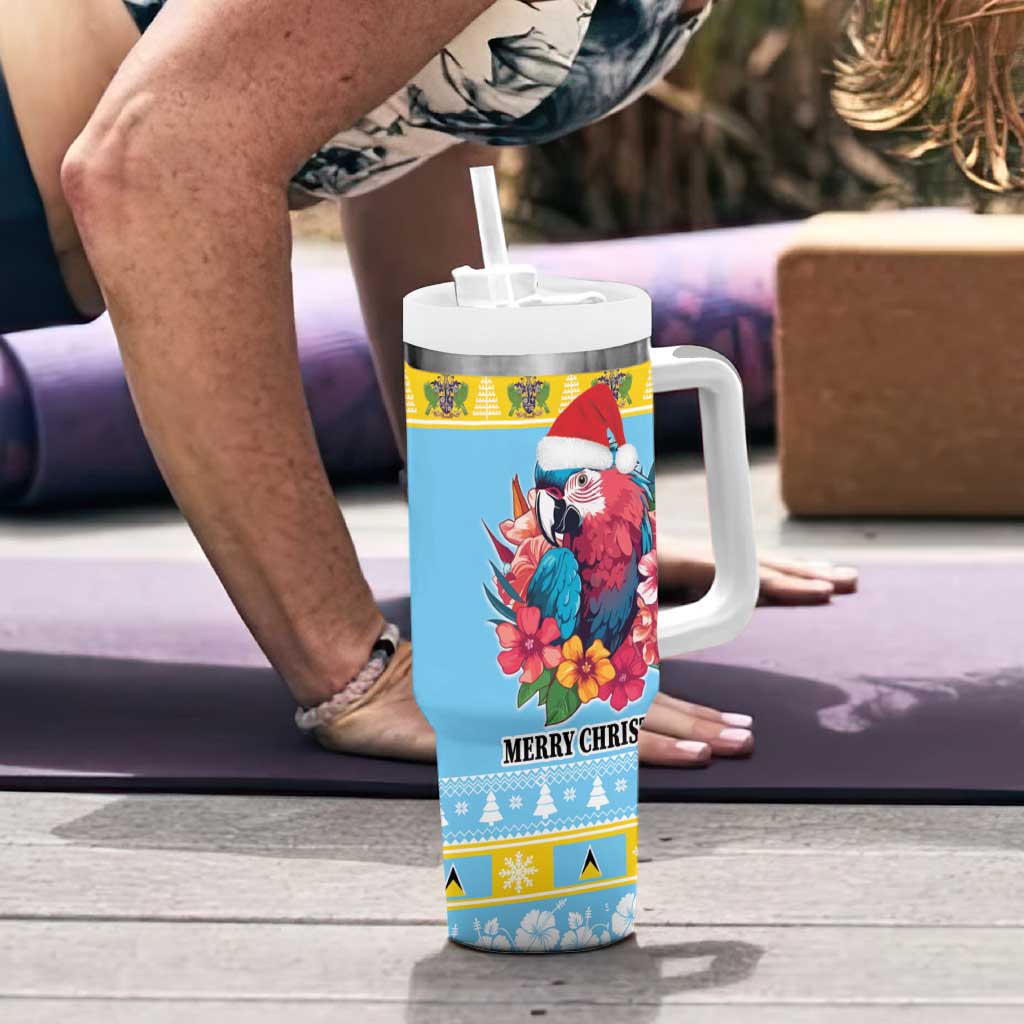 Saint Lucia Christmas Tumbler With Handle Saint Lucian Parrot With Hibiscus Flowers - Wonder Print Shop