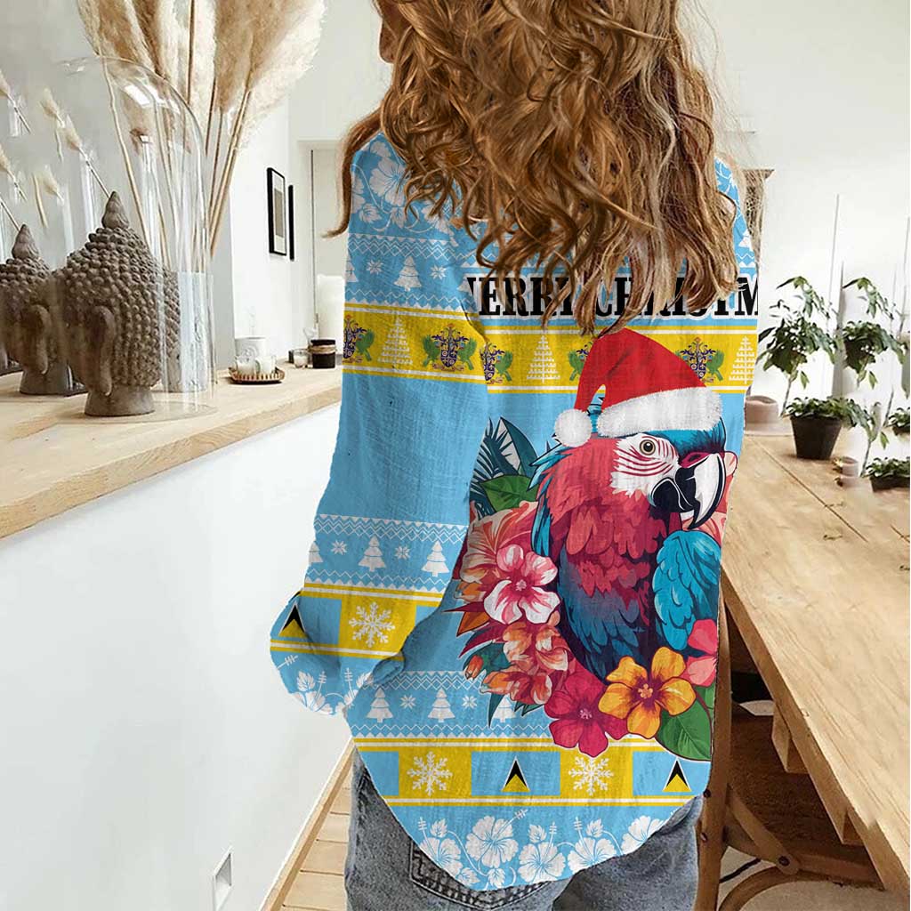 Saint Lucia Christmas Women Casual Shirt Saint Lucian Parrot With Hibiscus Flowers - Wonder Print Shop