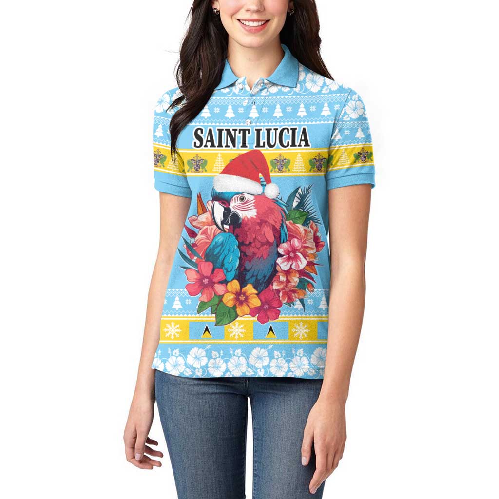 Saint Lucia Christmas Women Polo Shirt Saint Lucian Parrot With Hibiscus Flowers - Wonder Print Shop