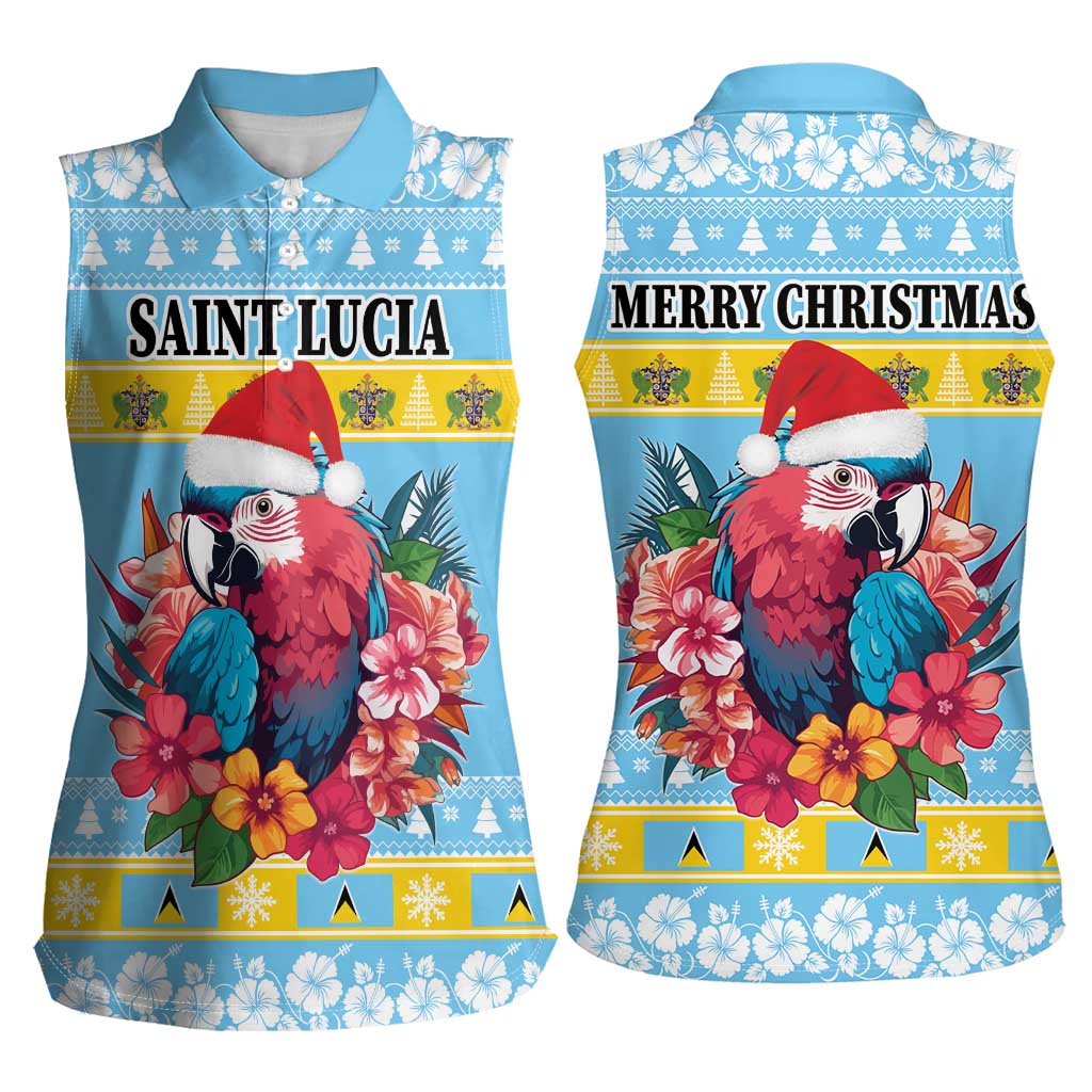 Saint Lucia Christmas Women Sleeveless Polo Shirt Saint Lucian Parrot With Hibiscus Flowers - Wonder Print Shop