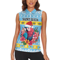 Saint Lucia Christmas Women Sleeveless Polo Shirt Saint Lucian Parrot With Hibiscus Flowers - Wonder Print Shop
