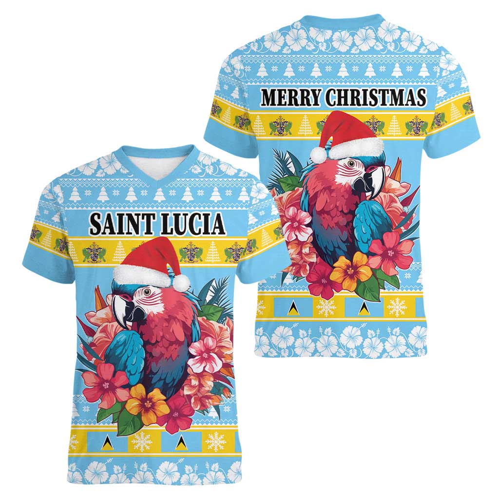 Saint Lucia Christmas Women V-Neck T-Shirt Saint Lucian Parrot With Hibiscus Flowers - Wonder Print Shop