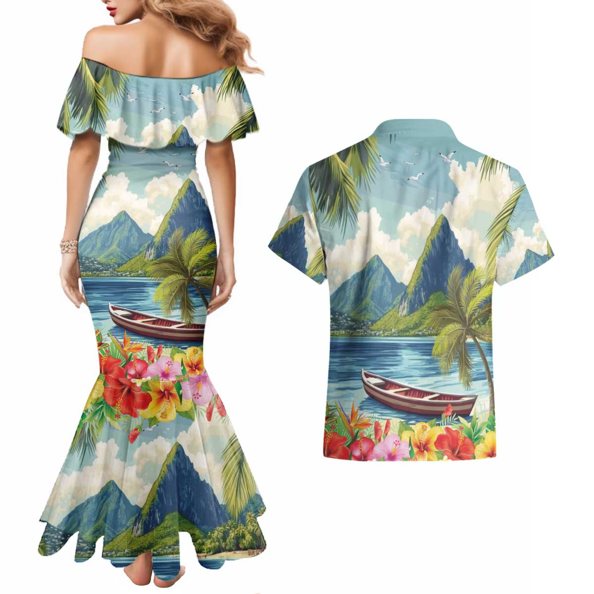Pitons Saint Lucia Couples Matching Mermaid Dress and Hawaiian Shirt Hibiscus Flowers - Wonder Print Shop