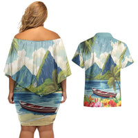 Pitons Saint Lucia Couples Matching Off Shoulder Short Dress and Hawaiian Shirt Hibiscus Flowers - Wonder Print Shop