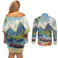 Pitons Saint Lucia Couples Matching Off Shoulder Short Dress and Long Sleeve Button Shirt Hibiscus Flowers - Wonder Print Shop