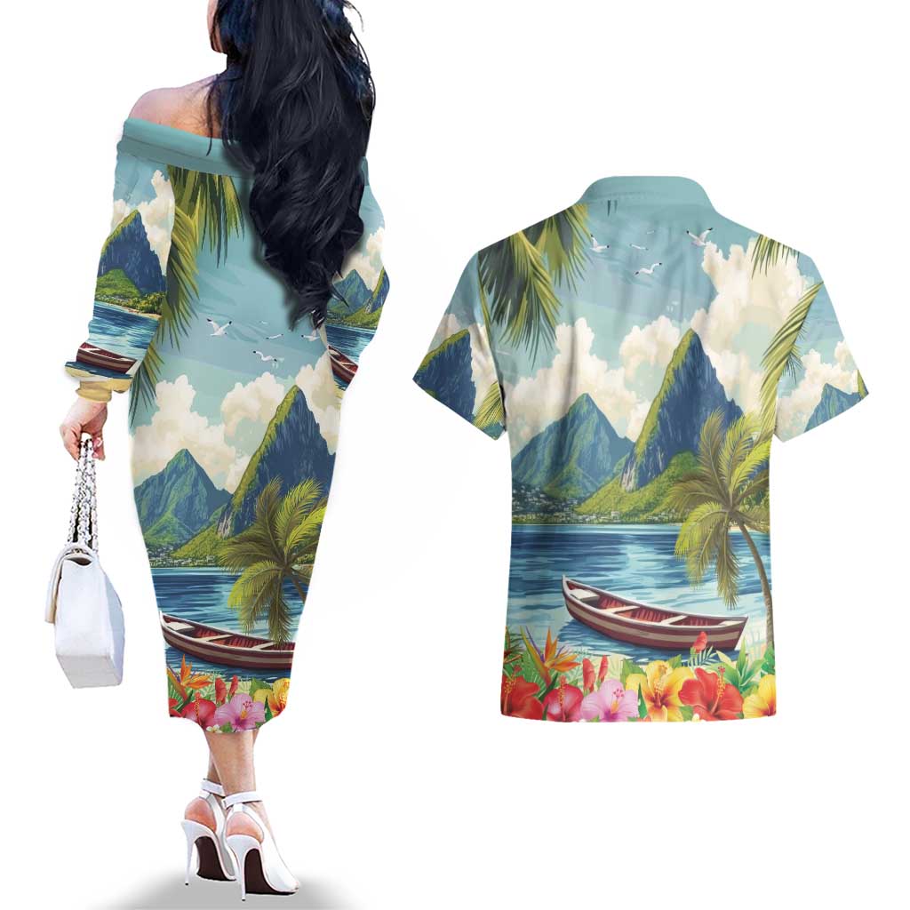Pitons Saint Lucia Couples Matching Off The Shoulder Long Sleeve Dress and Hawaiian Shirt Hibiscus Flowers - Wonder Print Shop