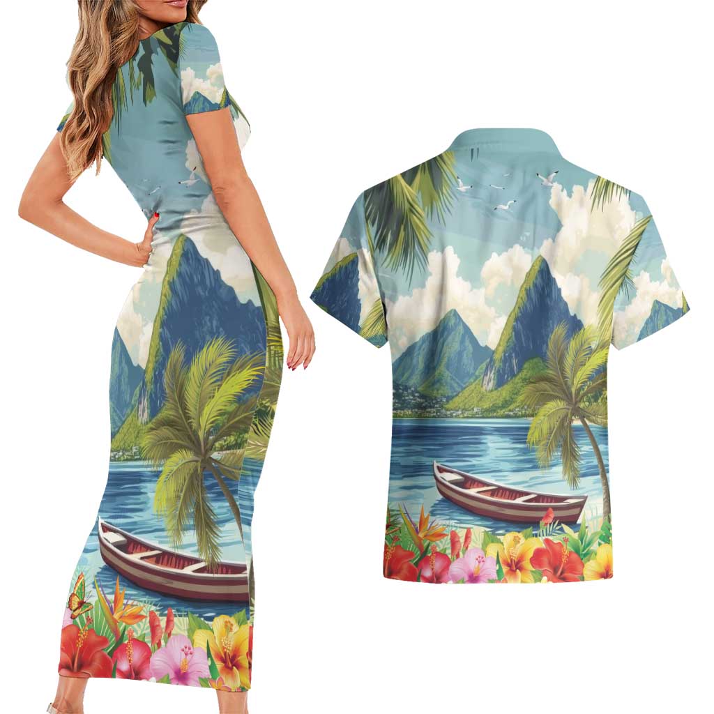 Pitons Saint Lucia Couples Matching Short Sleeve Bodycon Dress and Hawaiian Shirt Hibiscus Flowers - Wonder Print Shop