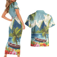 Pitons Saint Lucia Couples Matching Short Sleeve Bodycon Dress and Hawaiian Shirt Hibiscus Flowers - Wonder Print Shop