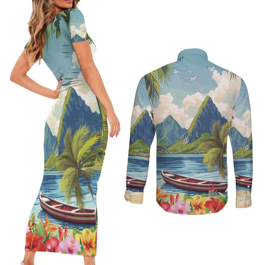 Pitons Saint Lucia Couples Matching Short Sleeve Bodycon Dress and Long Sleeve Button Shirt Hibiscus Flowers - Wonder Print Shop