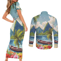 Pitons Saint Lucia Couples Matching Short Sleeve Bodycon Dress and Long Sleeve Button Shirt Hibiscus Flowers - Wonder Print Shop