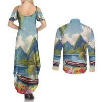 Pitons Saint Lucia Couples Matching Summer Maxi Dress and Long Sleeve Button Shirt Hibiscus Flowers - Wonder Print Shop